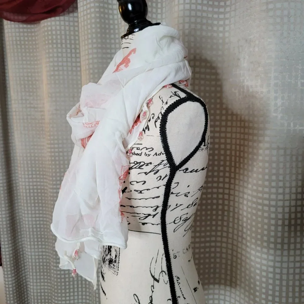 Turtle Beach Designs White Scarf with Beads accent on Trim